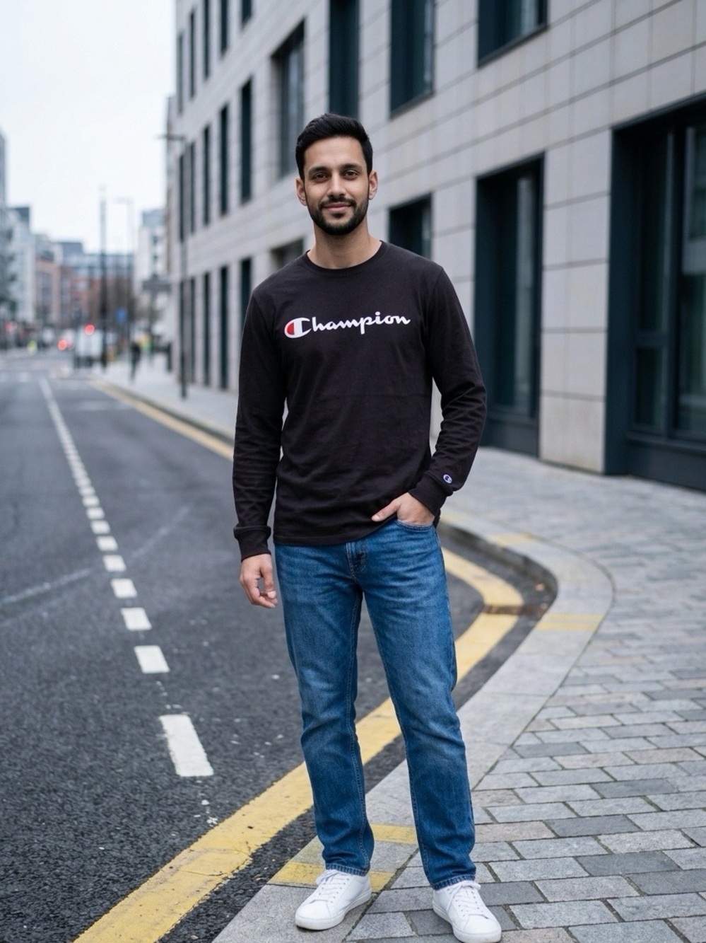 Champion Black Long-Sleeve Crewneck with Logo